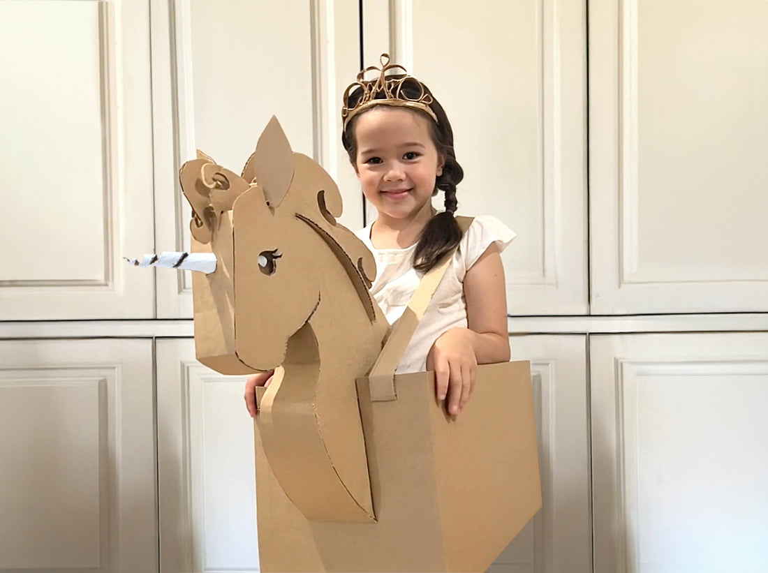 DIY Cardboard unicorn costume made from a cardboard box