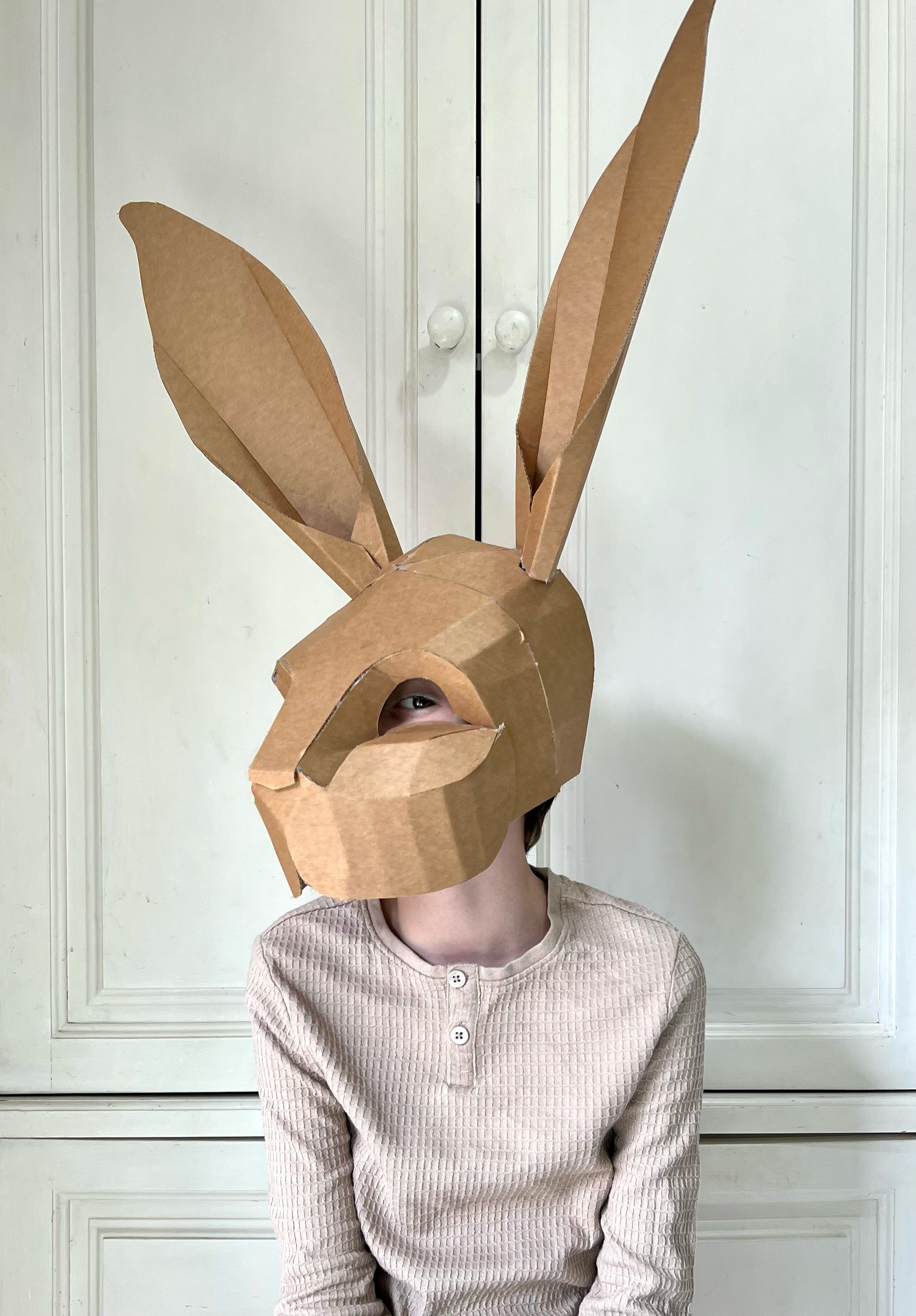 Person wearing a cardboard bunny mask against a white paneled wall.