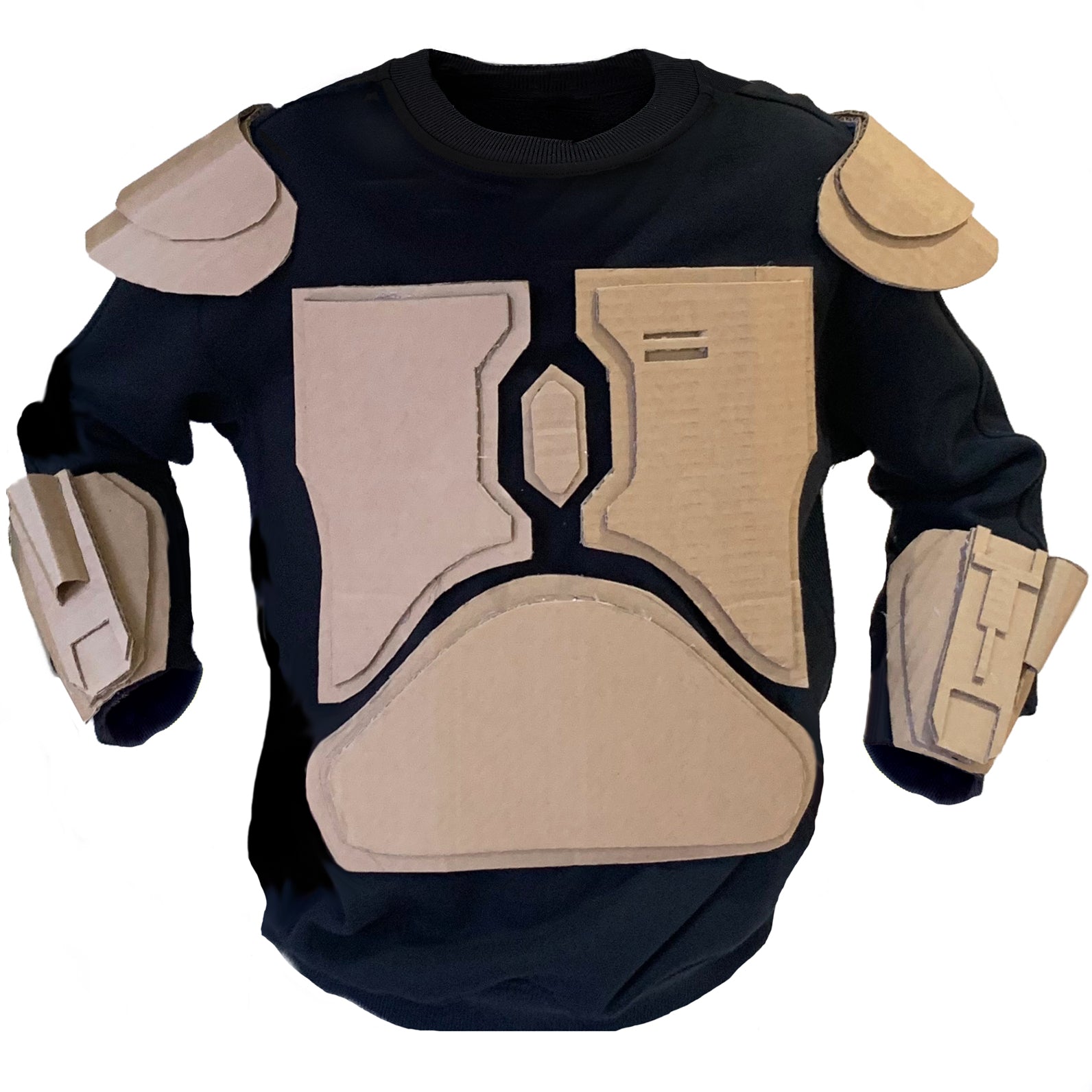 Black jumper with sew cardboard armour on a white background