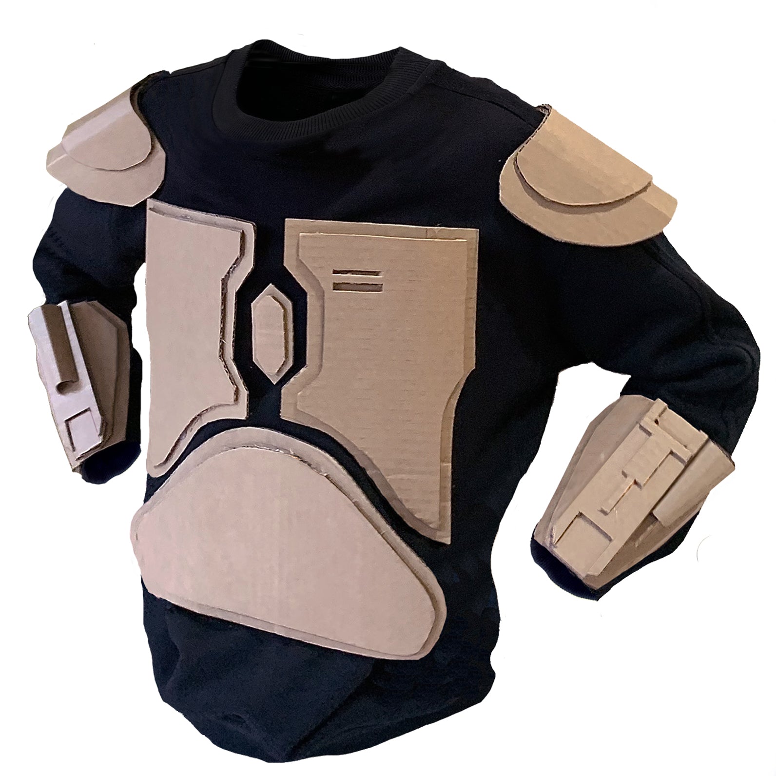 Cardboard armour sewn onto a black sweater made to look like a Bounty Hunter on a white background.