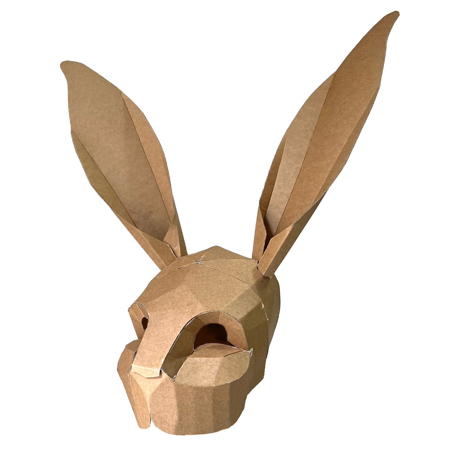 Cardboard rabbit head mask on a white background