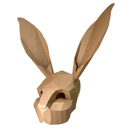 Cardboard rabbit head mask on a white background