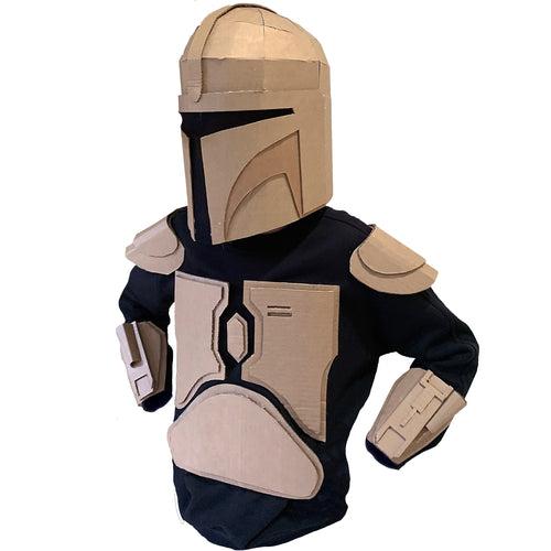DIY Cardboard bounty hunter costume with armour made from cardboard on white background