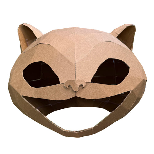 Front view of a Cardboard cat costume head with a white background