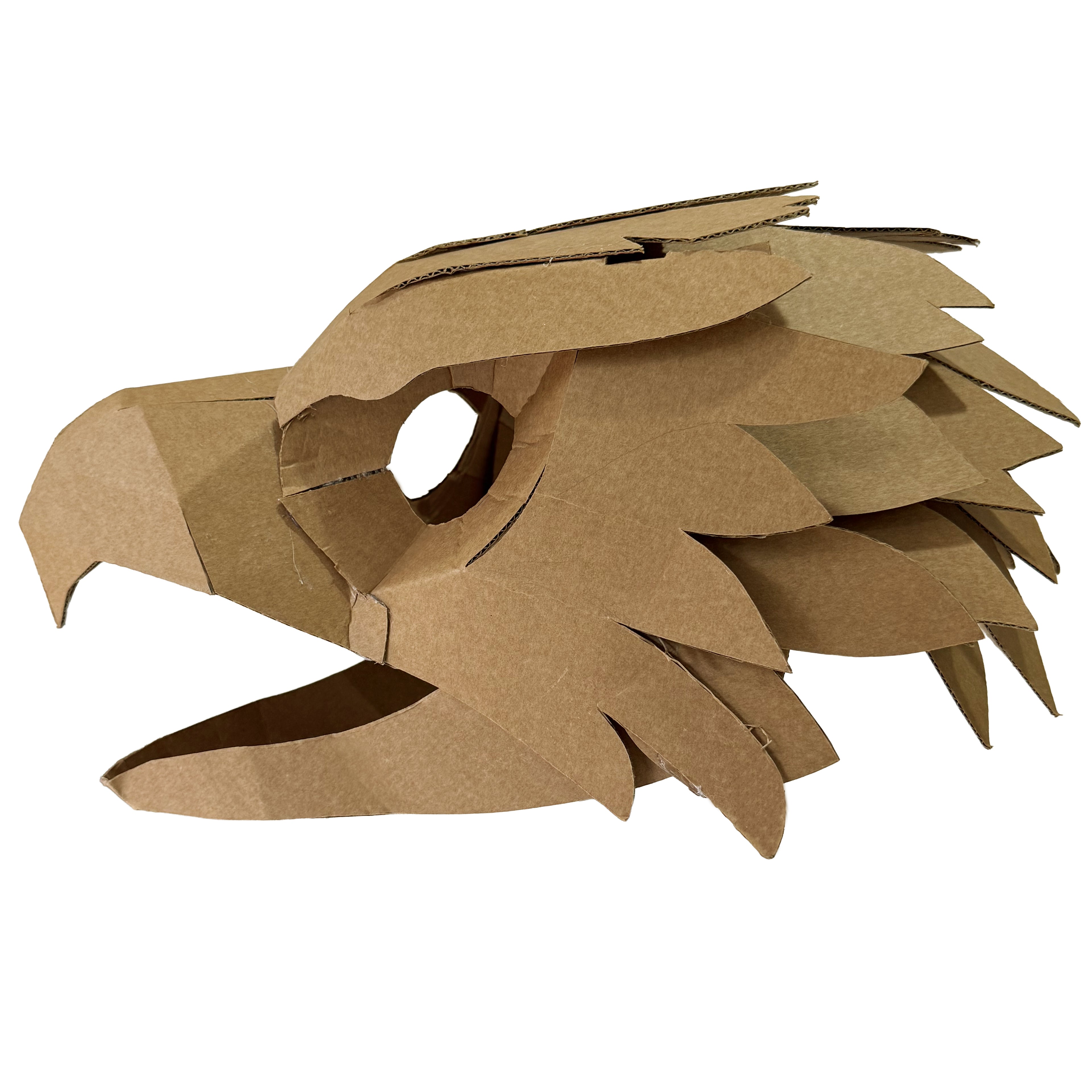 A 3D cardboard Falcon Hawk head mask made from a template with cardboard on a white background