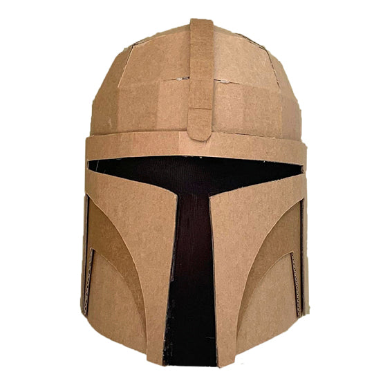Cardboard Bounty Hunter helmet with a design inspired by a Star Wars character on a white background.