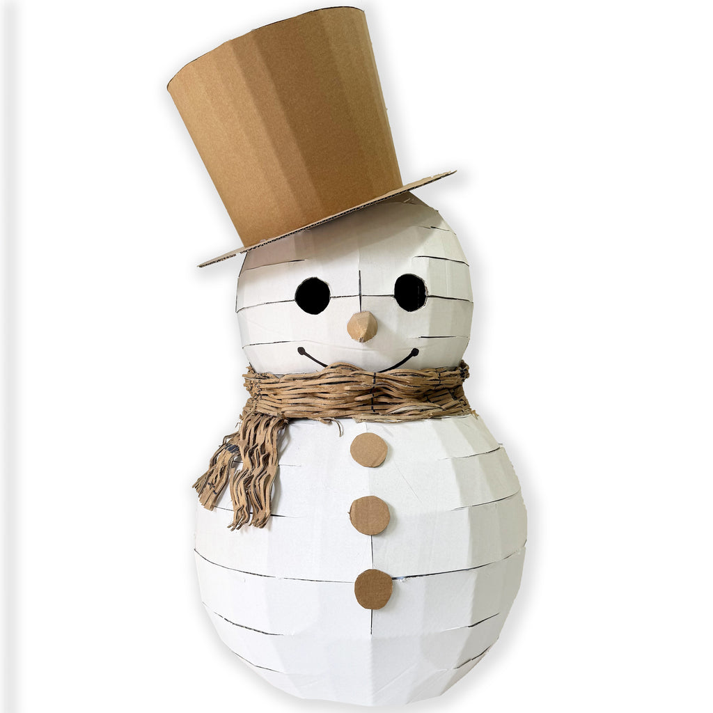 Cardboard snowman costume with a top hat, scarf, and buttons on a white background