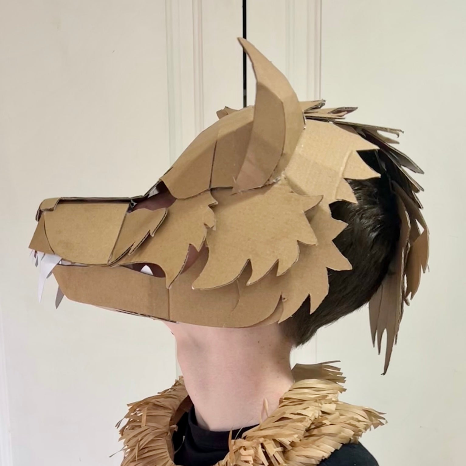Person wearing a cardboard wolf mask with a plain background